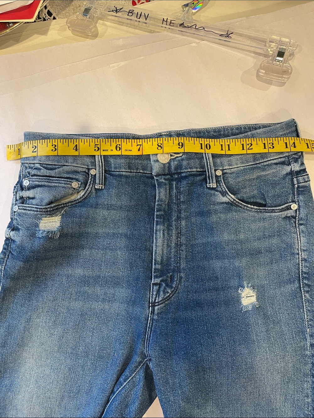 MOTHER Distressed Blue Denim Jean Shorts | Size 27 Rainbow Learning to Hula Wash - Picture 11 of 13